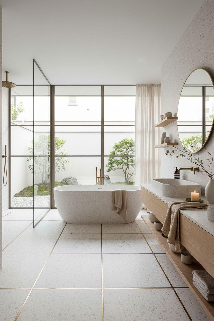 terrazzo bathroom with brass inlay grid and sculptural soaking tub