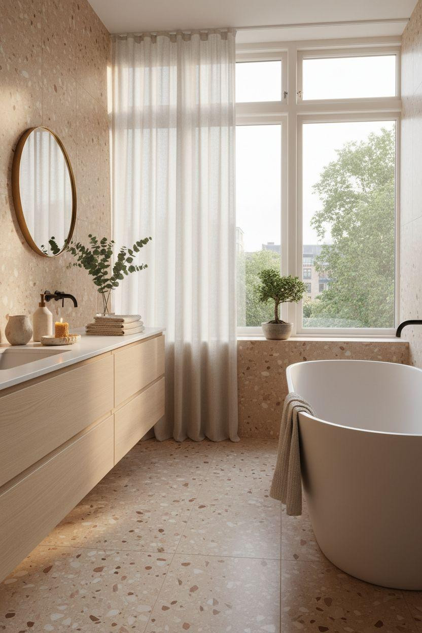 terrazzo bathroom with accent wall behind freestanding tub