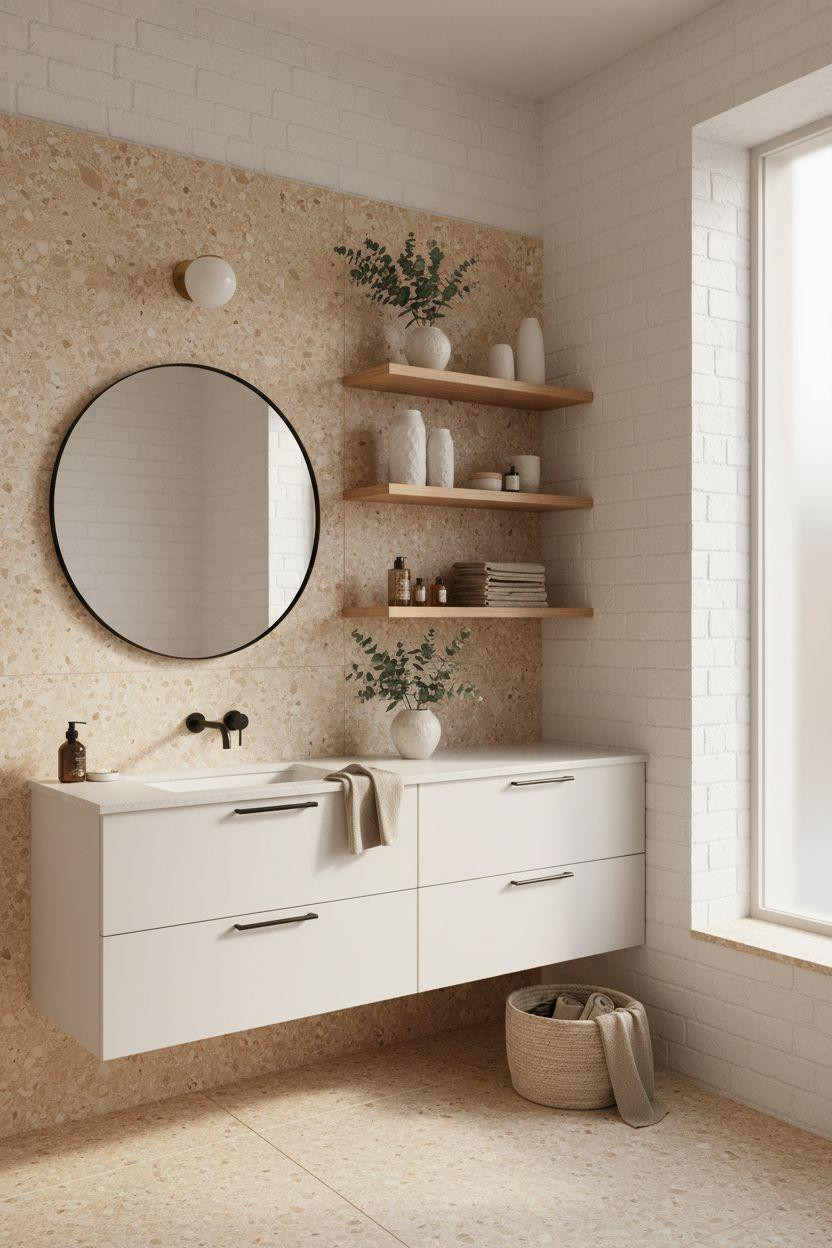 terrazzo bathroom with open shelving and refined Japandi continuity