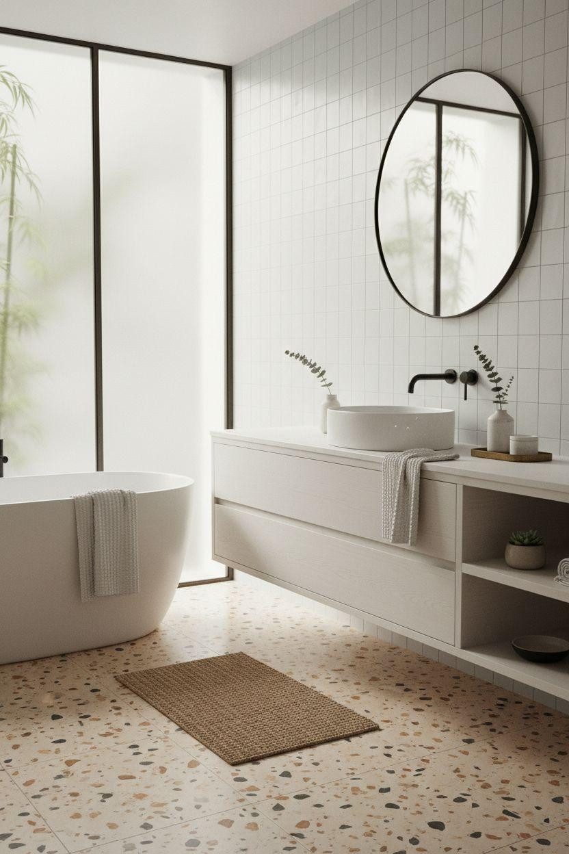 terrazzo bathroom with charcoal flecks and minimalist Japandi design