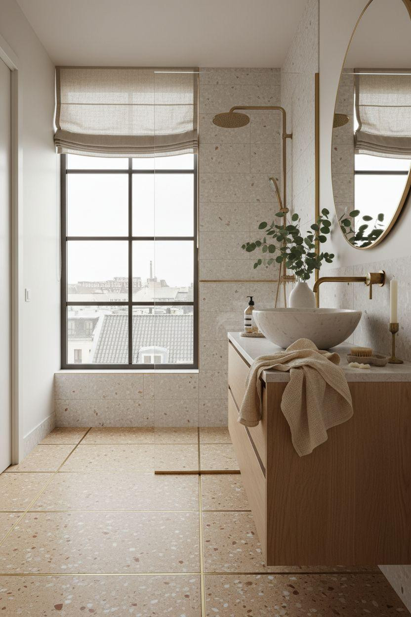 terrazzo bathroom featuring geometric brass inlay strips and Japandi style