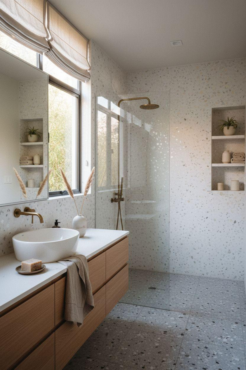 terrazzo bathroom with white terrazzo shower walls and luminous lighting