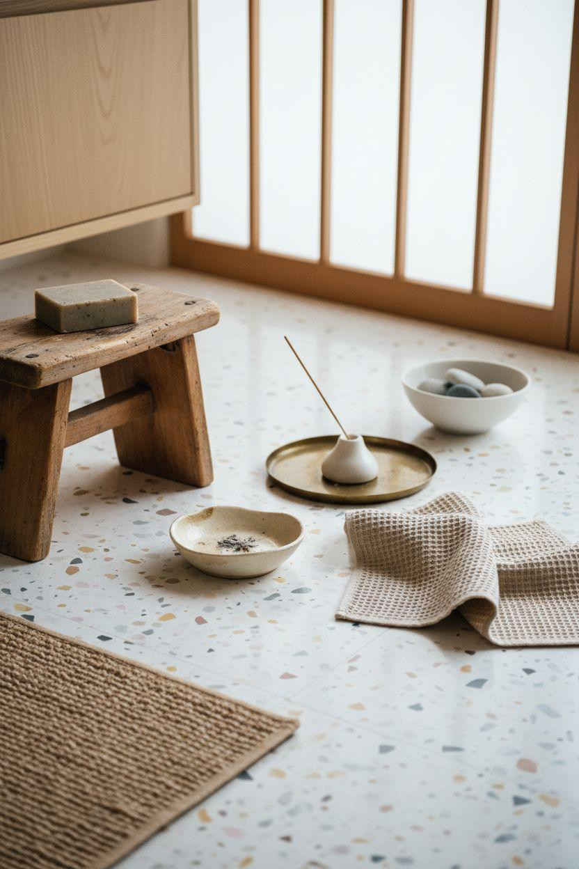 terrazzo bathroom with weathered teak stool and intimate floor detail