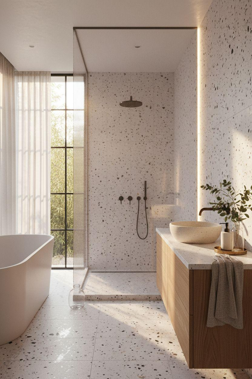 terrazzo bathroom with walk-in shower and charcoal aggregate