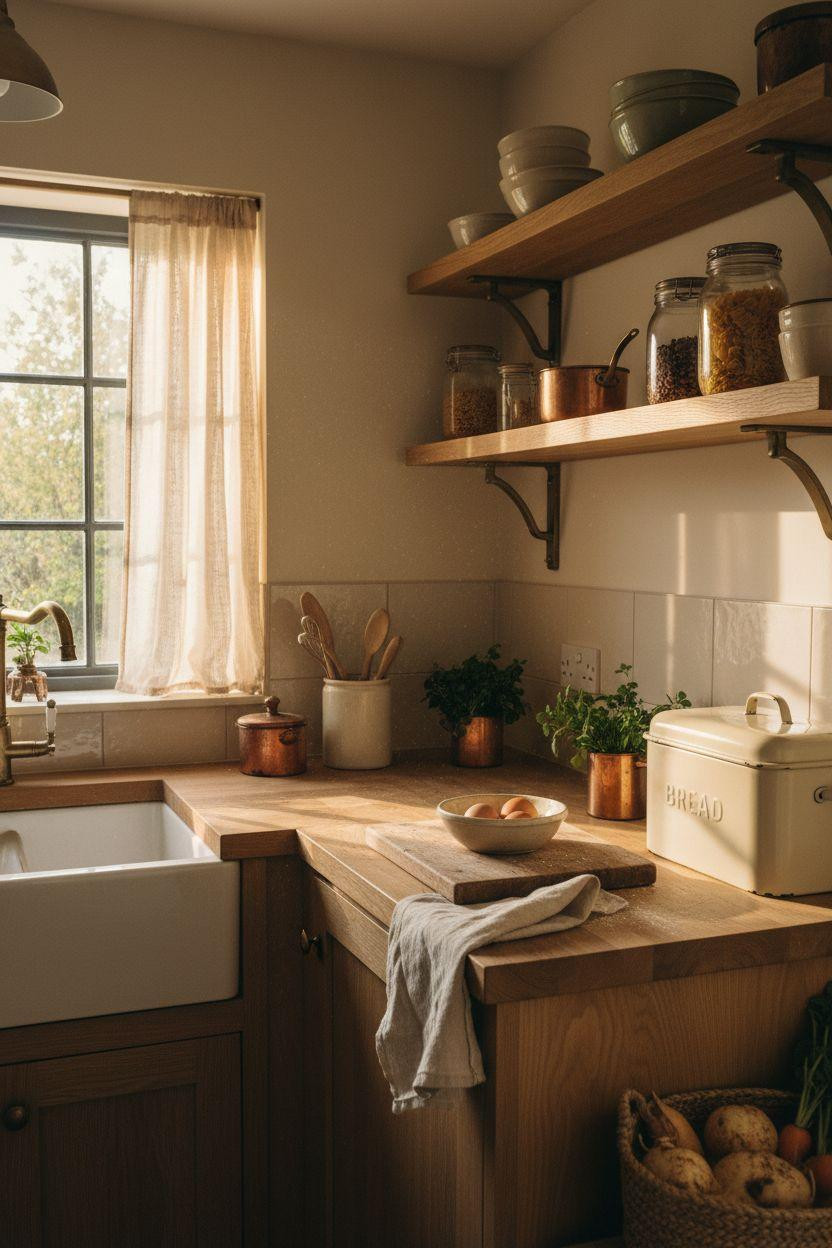 Tiny Farmhouse Kitchen - three quarter view with enamel bread box