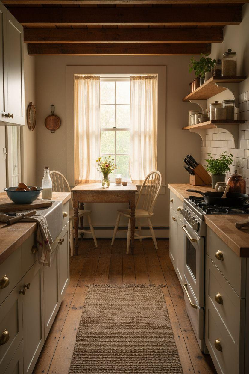 Tiny Farmhouse Kitchen - wide view with vintage enamel stove