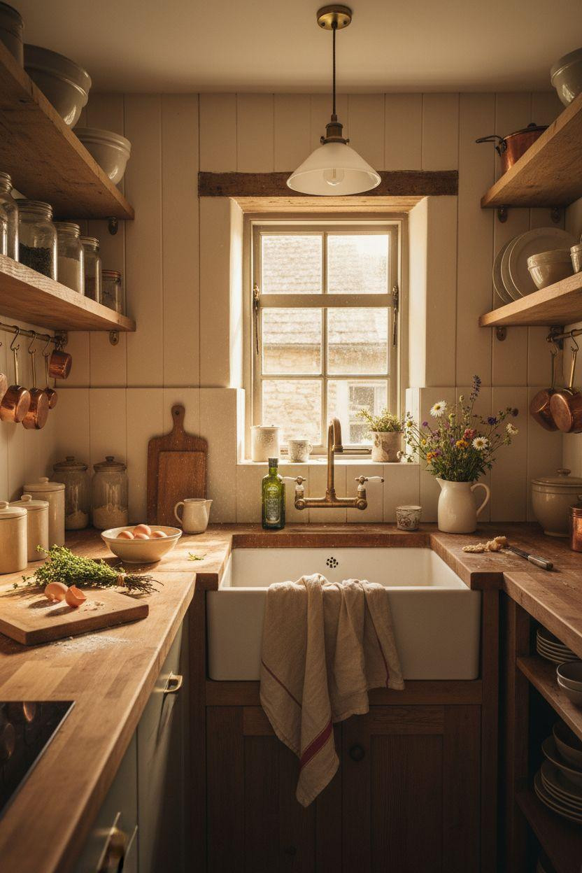 Tiny Farmhouse Kitchen - narrow galley with barn wood and copper