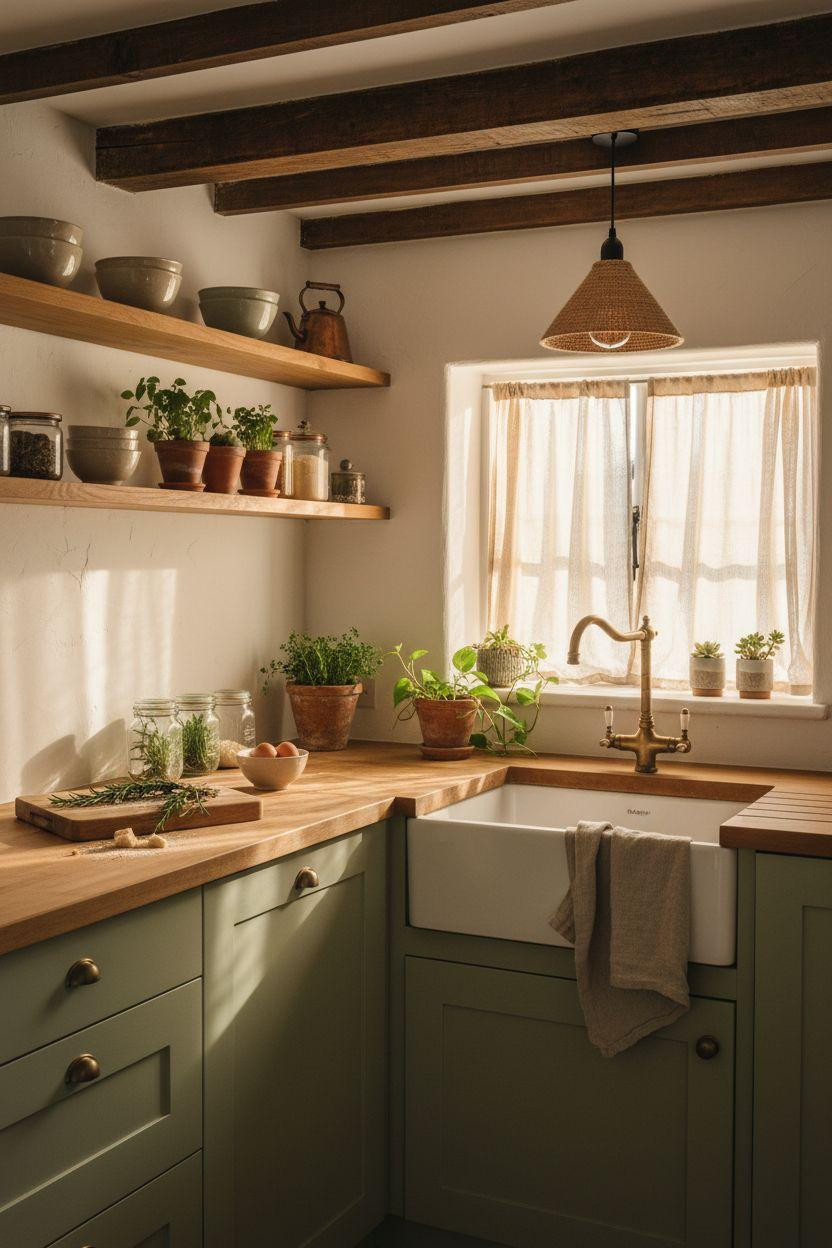 Tiny Farmhouse Kitchen - corner view with sage green cabinets