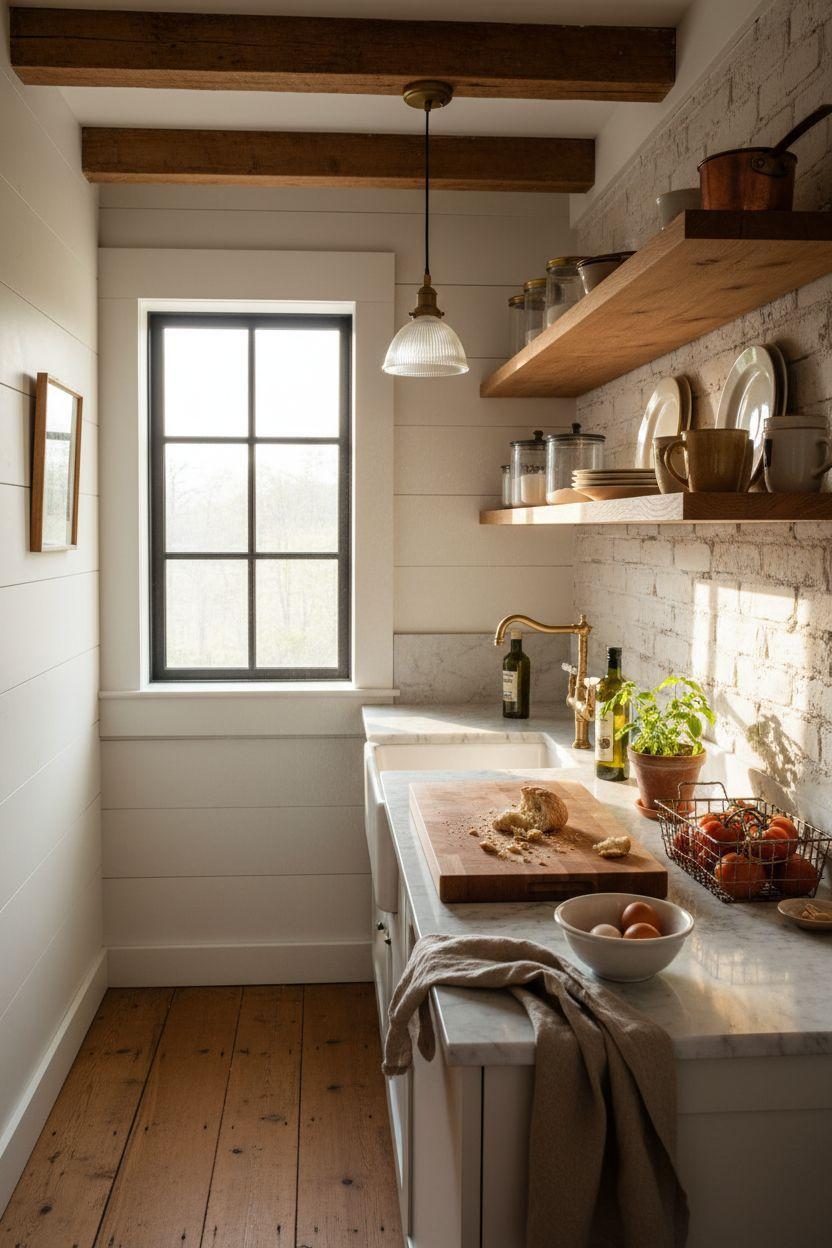 Tiny Farmhouse Kitchen - side view of marble counter with enamel pieces