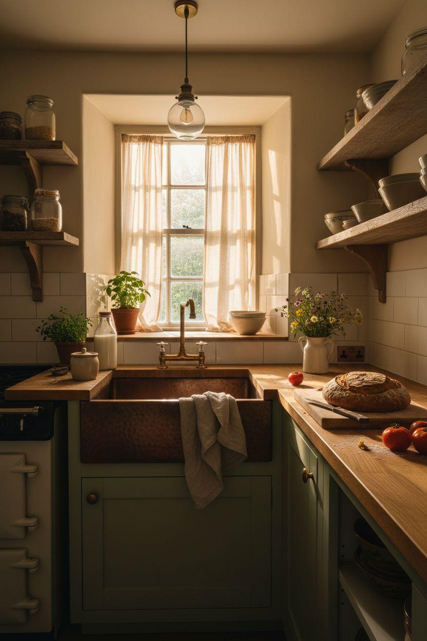 Tiny Farmhouse Kitchen - narrow galley layout with reclaimed wood shelves
