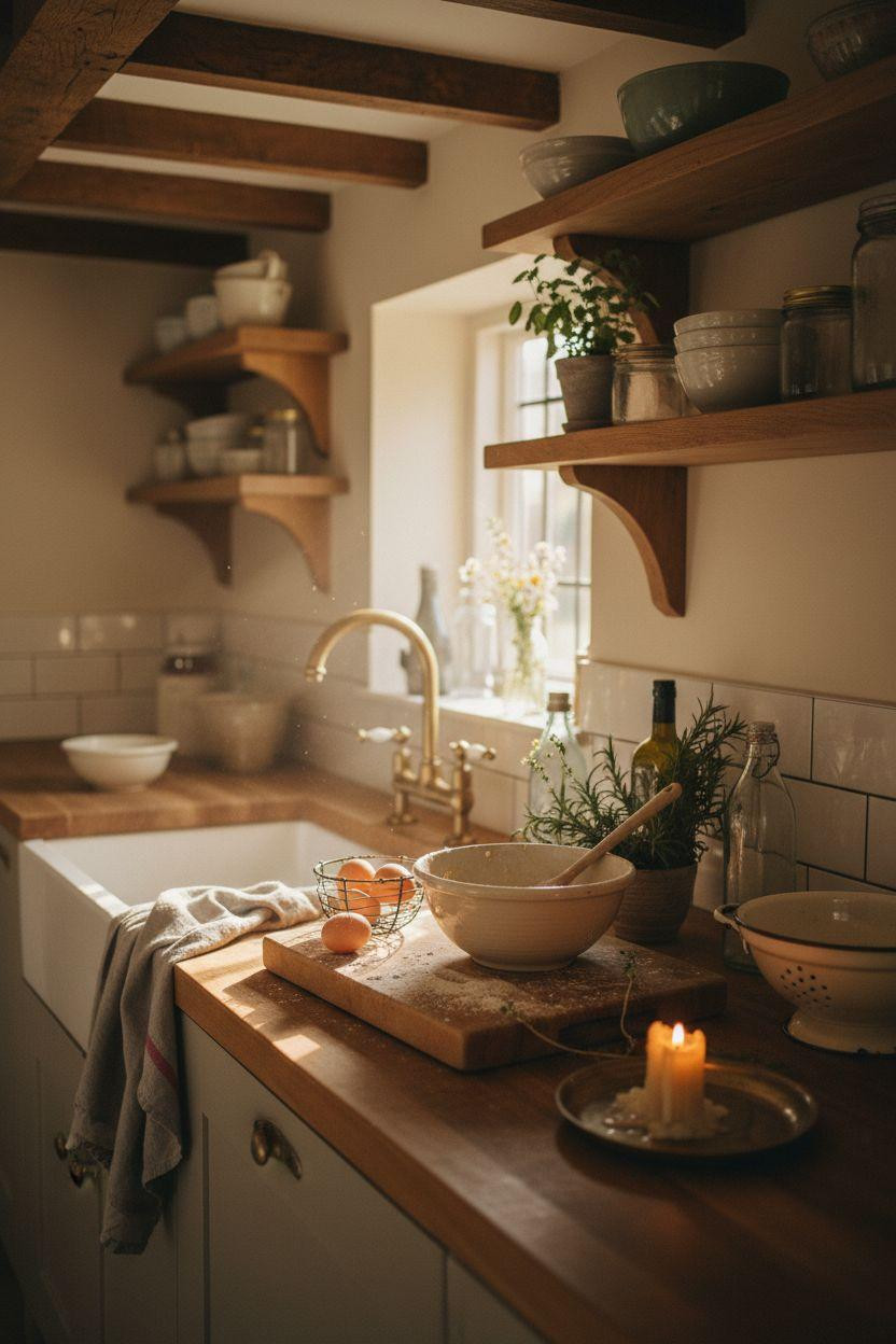 Tiny Farmhouse Kitchen - butcher block counter with vintage brass accents