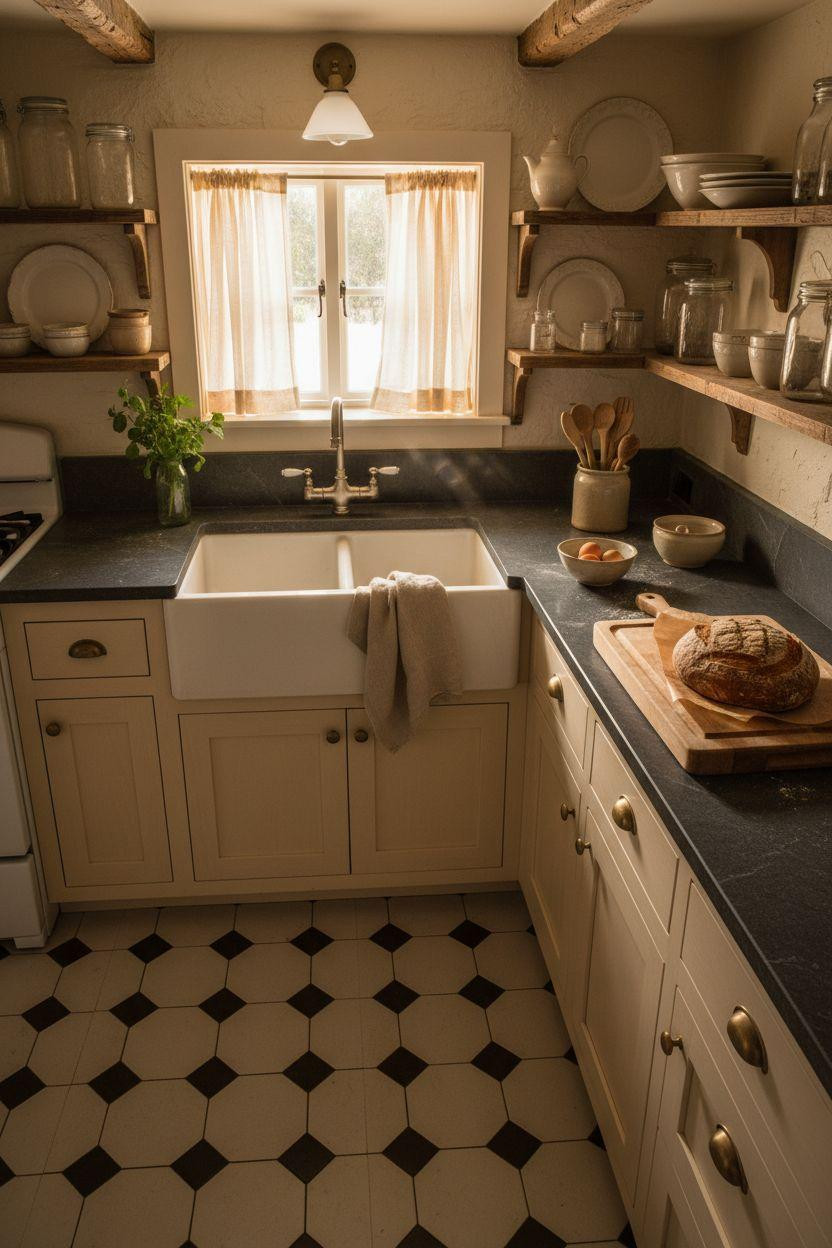 Tiny Farmhouse Kitchen - overhead view with checkerboard floor