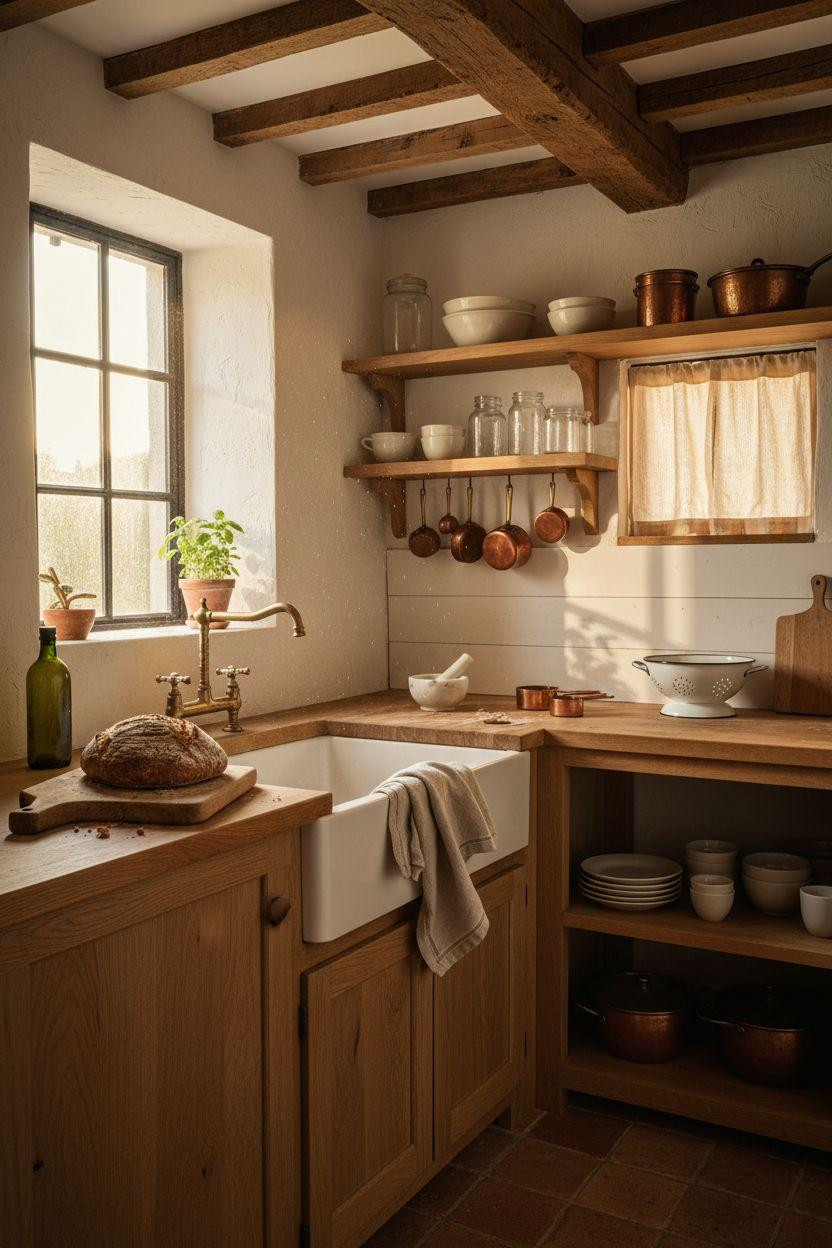 Tiny Farmhouse Kitchen - French cottage with copper pots
