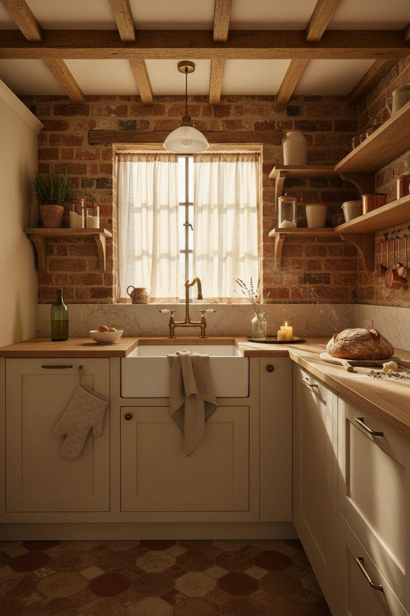 Tiny Farmhouse Kitchen - corner view with terracotta patterned tile