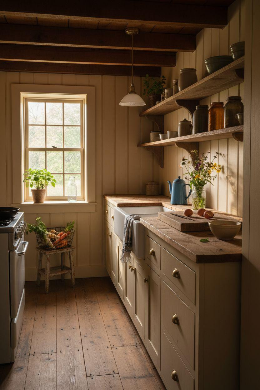 Tiny Farmhouse Kitchen - afternoon light with cast iron stove