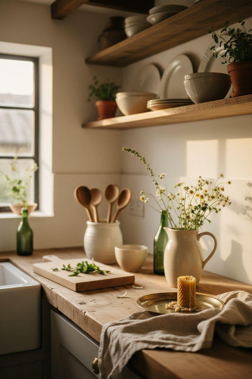 Tiny Farmhouse Kitchen - shallow counter with ceramic crocks