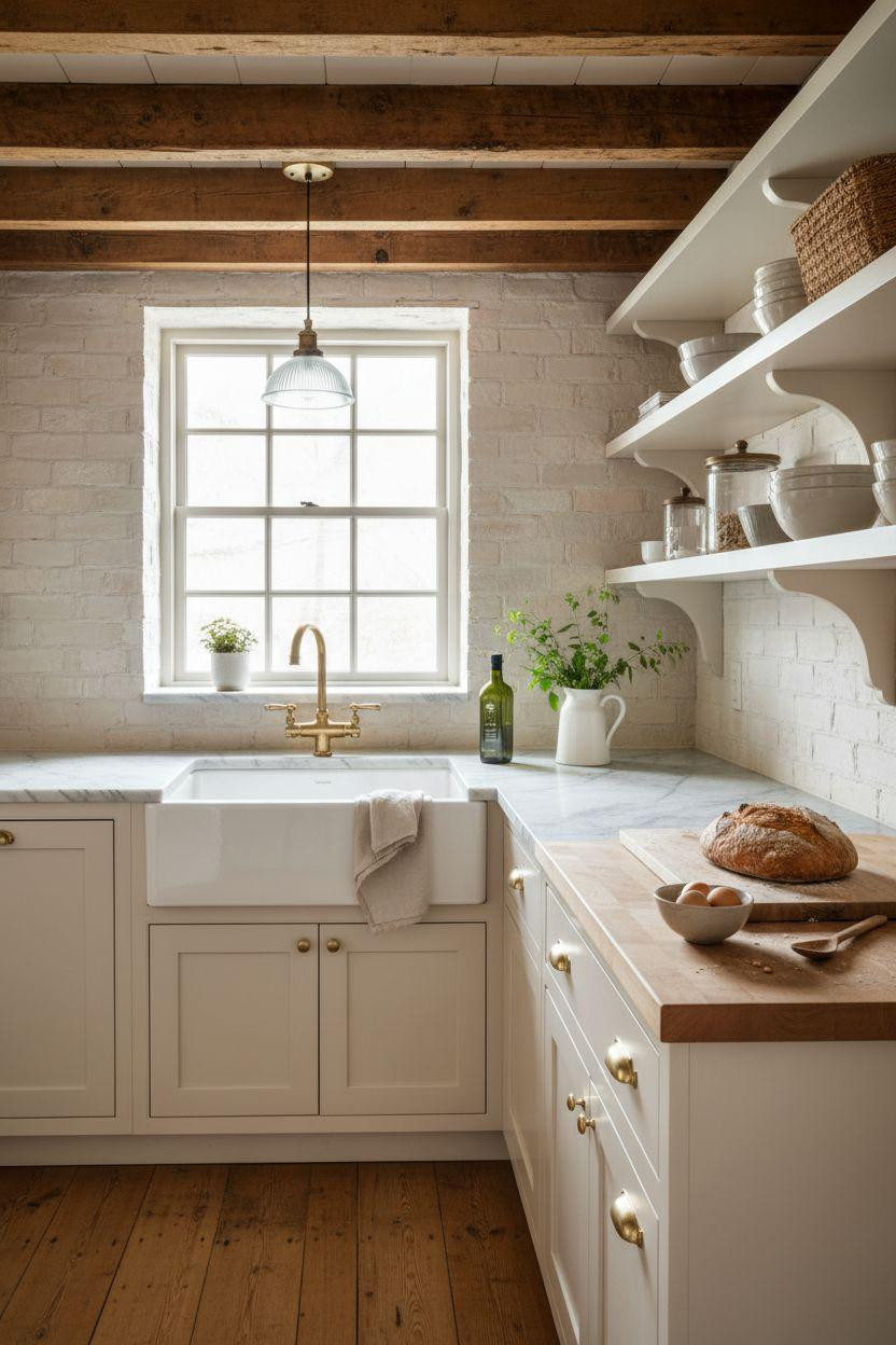 Tiny Farmhouse Kitchen - honed marble counter with oak shelves