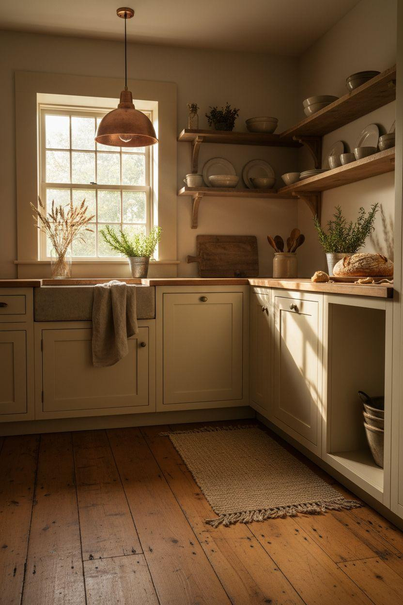 Tiny Farmhouse Kitchen - copper pendant with wide plank floors