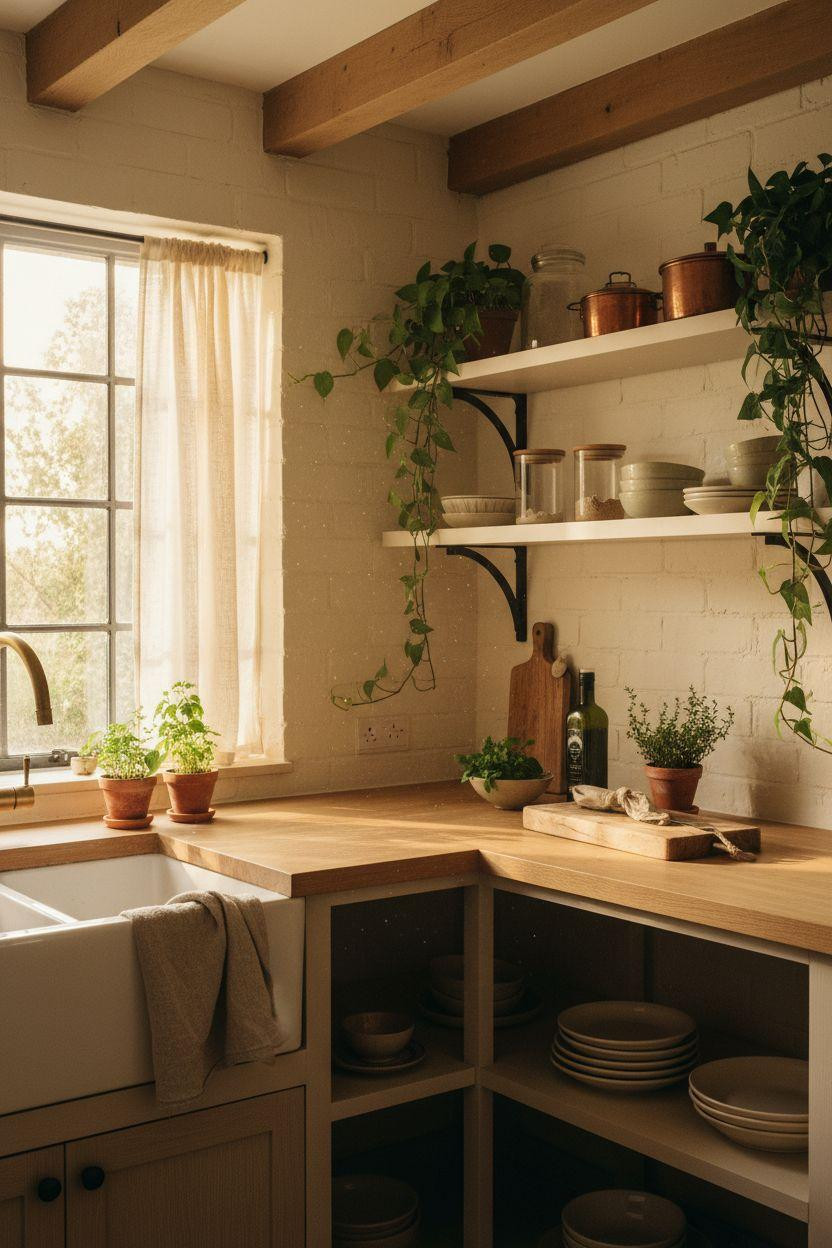 Tiny Farmhouse Kitchen - floor to ceiling shelves with trailing plants