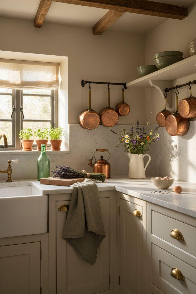 Tiny Farmhouse Kitchen - hip view with cream shaker cabinets
