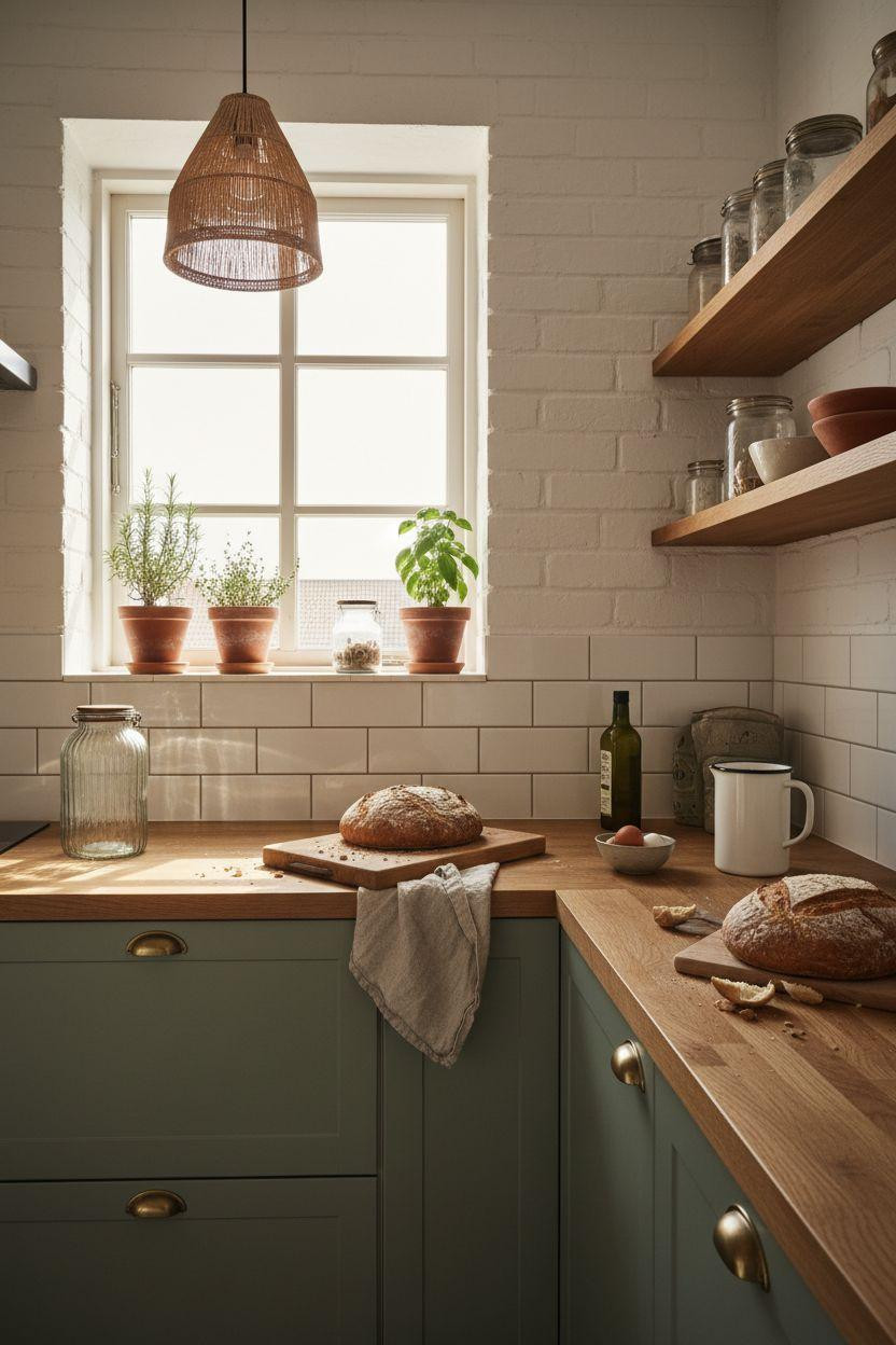 Tiny Kitchen Ideas with rustic European styling and reclaimed oak countertop