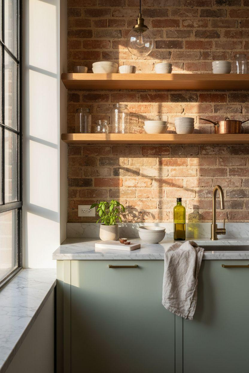 Tiny Kitchen Ideas featuring exposed brick wall in compact galley kitchen