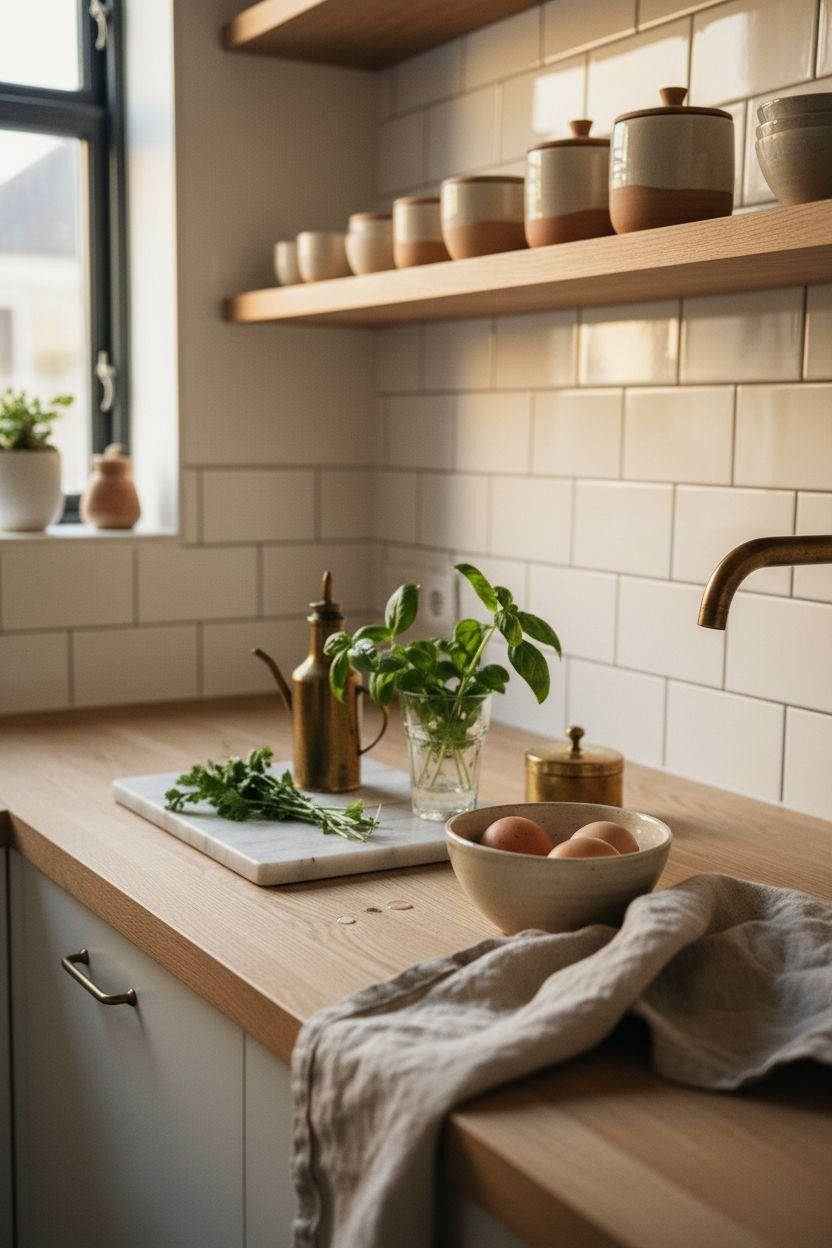 Tiny Kitchen Ideas featuring intimate counter styling with natural textures