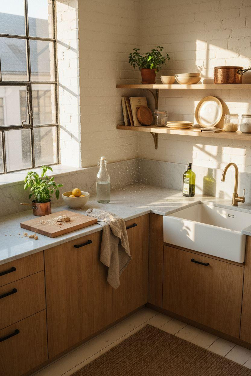 Tiny Kitchen Ideas showing efficient L-shaped layout from overhead view