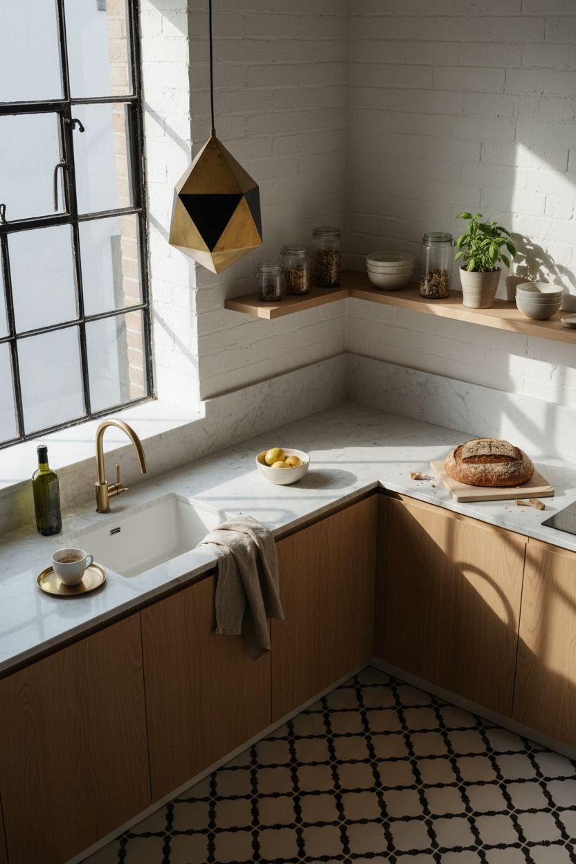 Tiny Kitchen Ideas featuring bold geometric floor tiles and pendant lighting