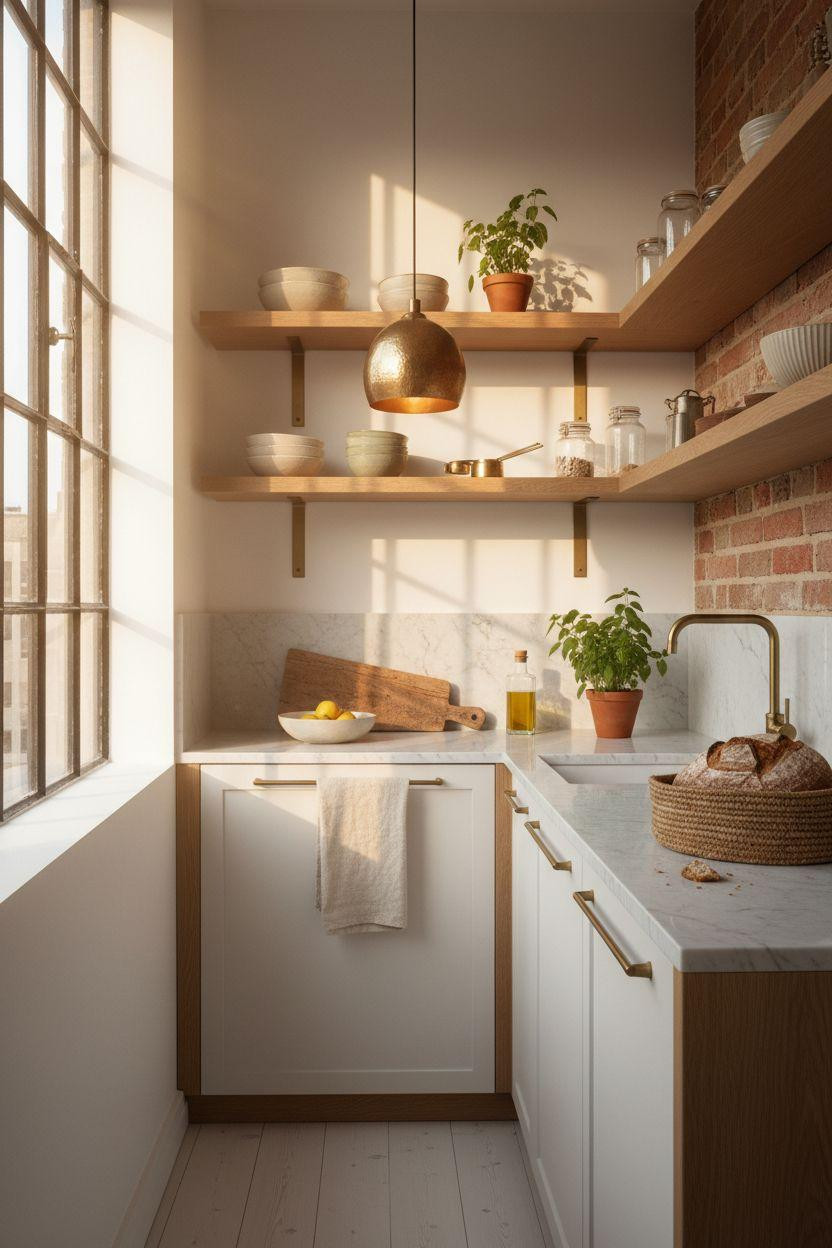Tiny Kitchen Ideas showcasing compact white oak cabinetry