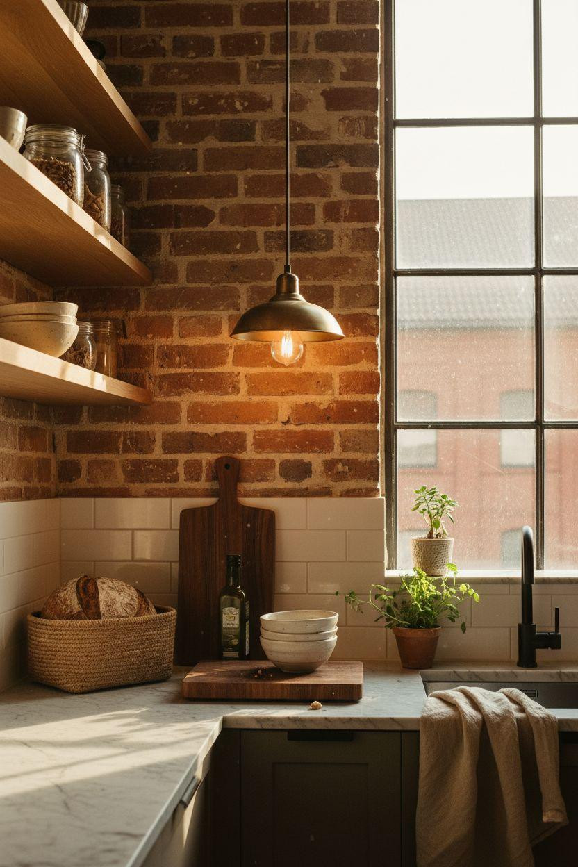Tiny Kitchen Ideas with industrial loft styling and brass lighting