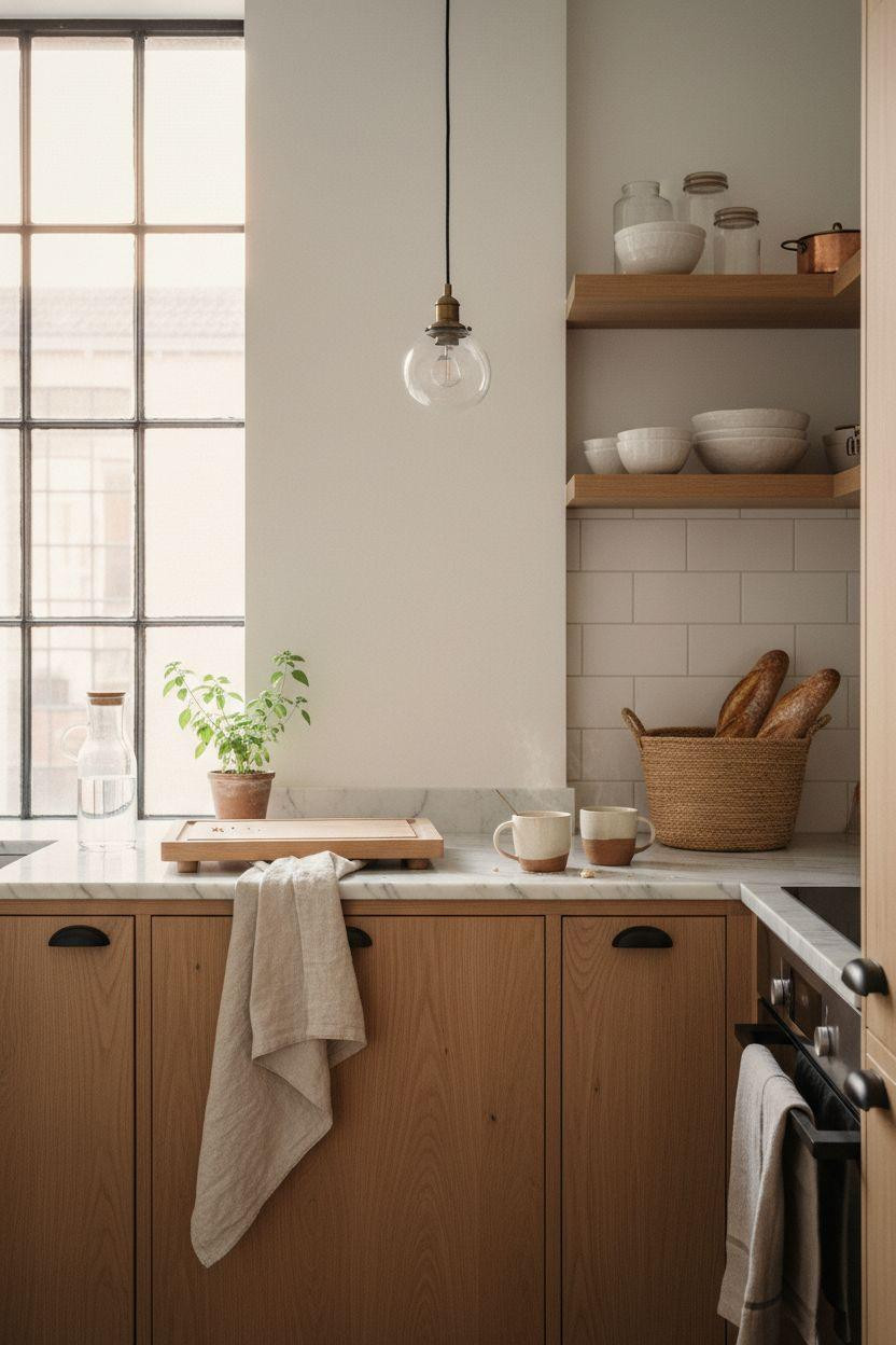 Tiny Kitchen Ideas featuring Scandinavian white cabinetry and natural light