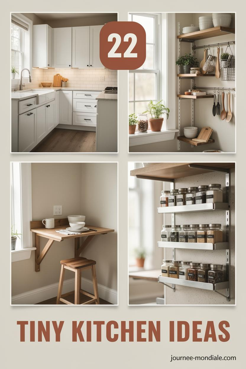 Pinterest collage featuring four corner photos of tiny kitchens: compact galley with white cabinets, vertical storage solutions, fold-down breakfast bar, and magnetic spice rack. Warm earthy terracotta text '22' in badge, 'TINY KITCHEN IDEAS' centered below, site URL in charcoal bottom-right, neutral palette with natural light.
