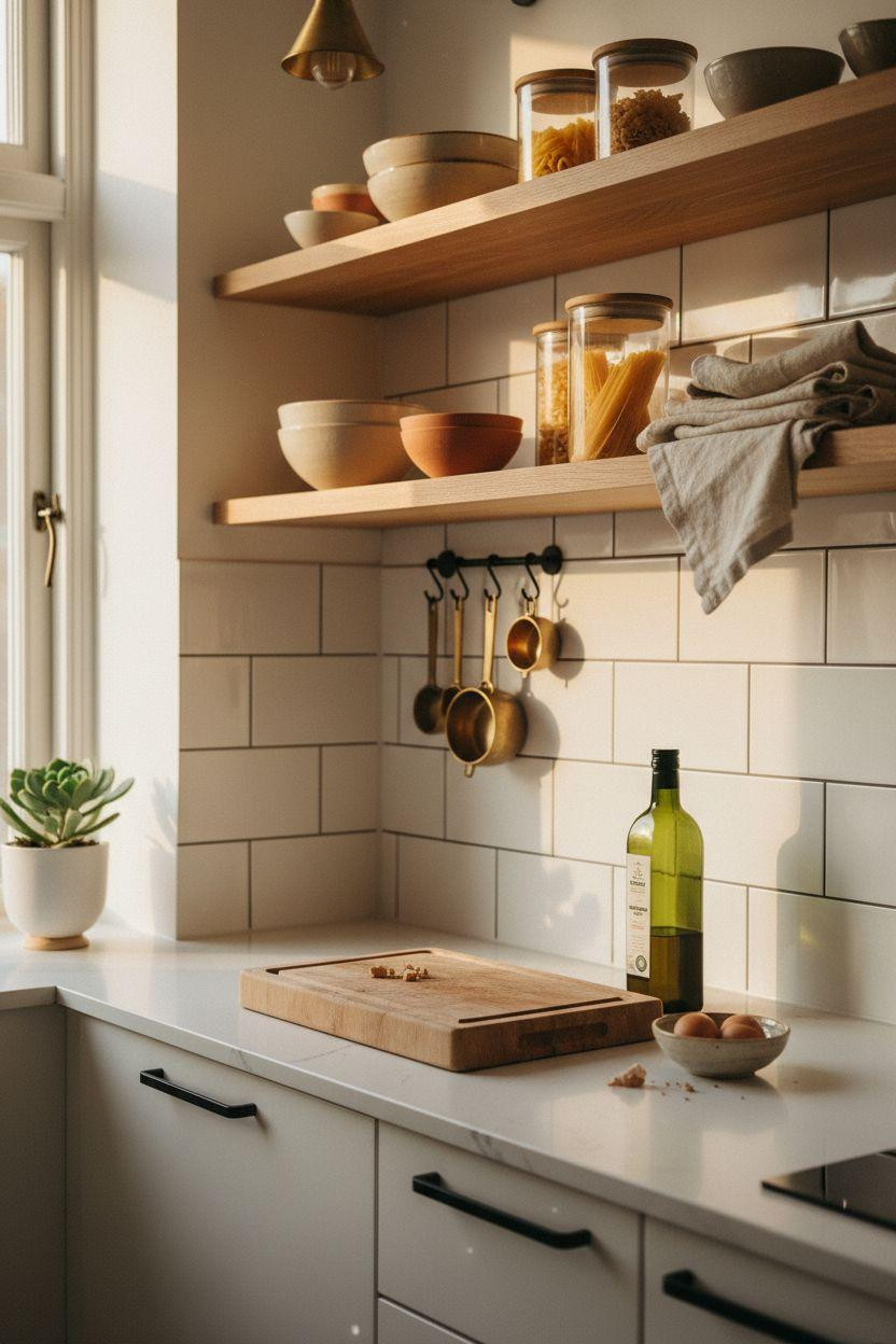 Tiny Kitchen Ideas with warm oak shelving and ceramic displays
