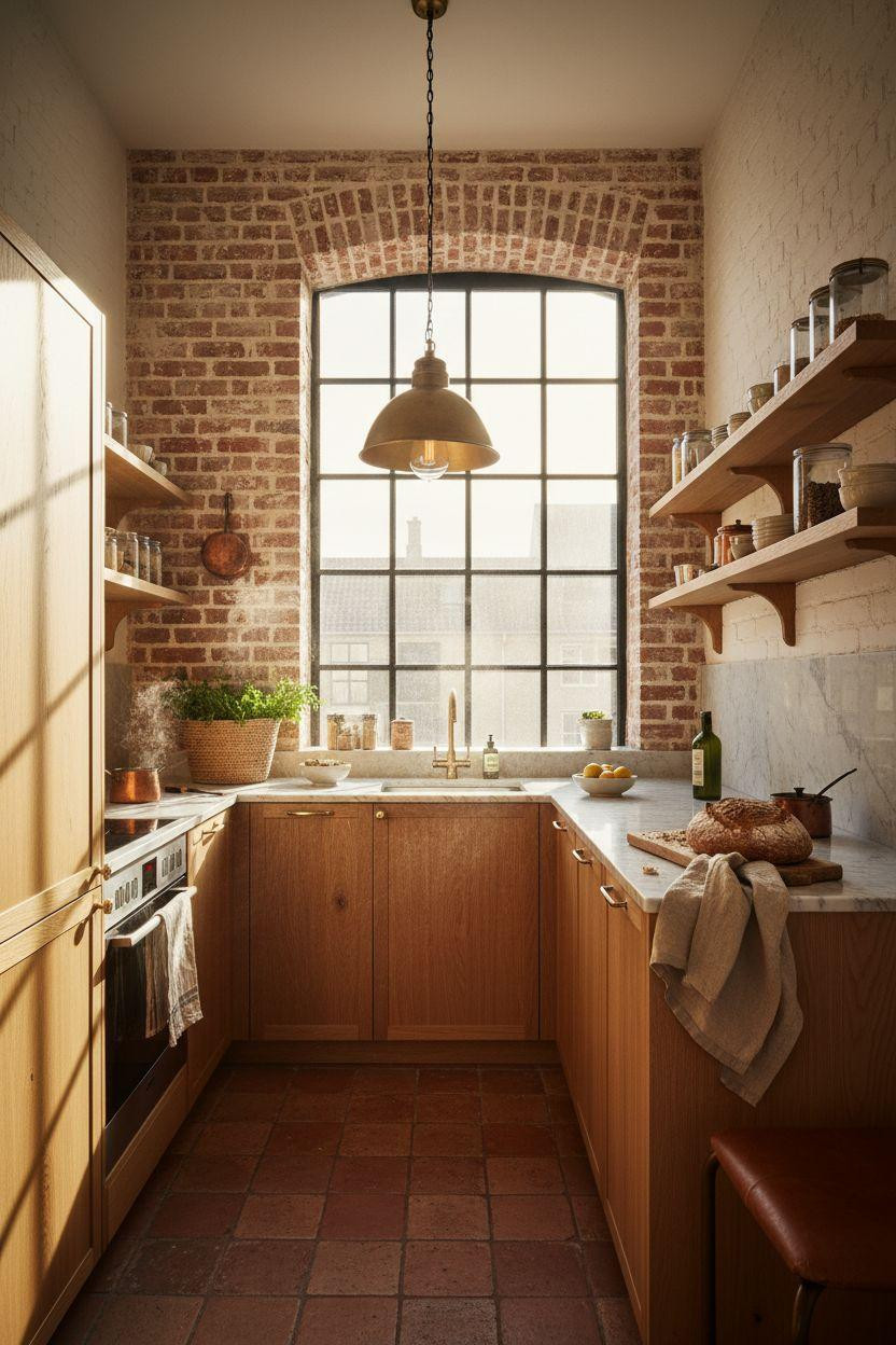 Tiny Kitchen Ideas in European warehouse loft with floor-to-ceiling windows