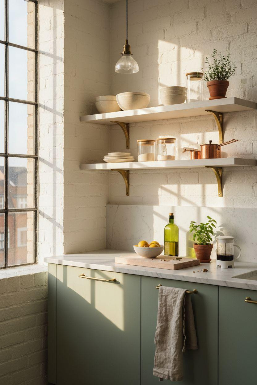 Tiny Kitchen Ideas with sage green cabinets and abundant natural light