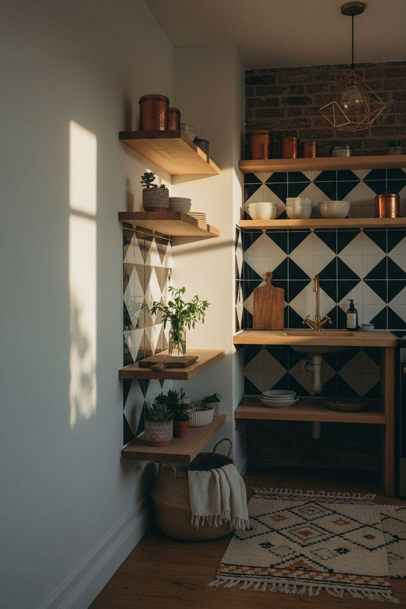 tiny kitchen ideas on a budget - geometric tile with wood shelving