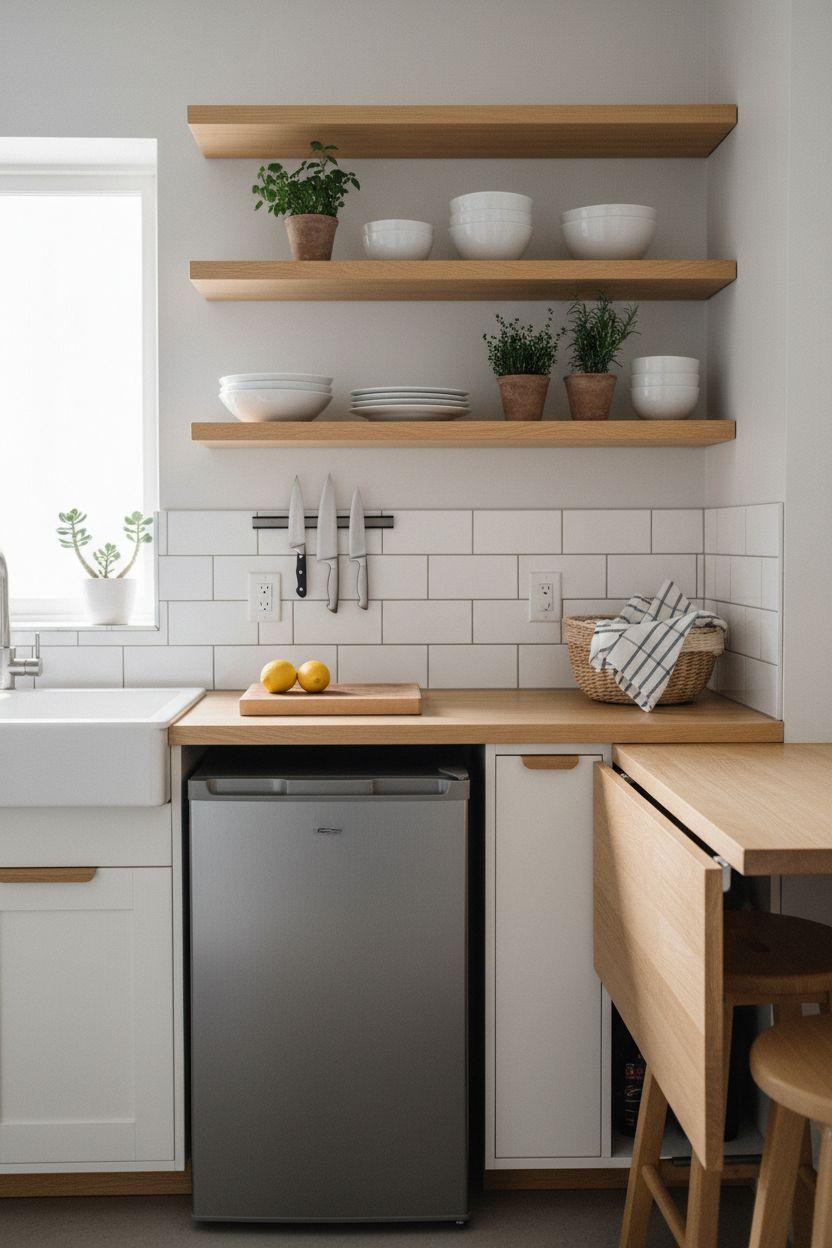 tiny kitchen ideas on a budget - minimalist white and wood kitchen