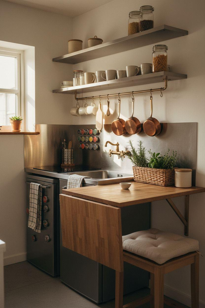 tiny kitchen ideas on a budget - stainless steel shelving with copper pots