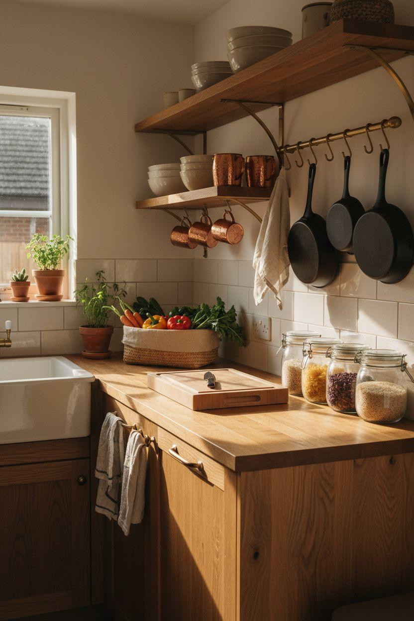 tiny kitchen ideas on a budget - butcher block countertop with brass accents