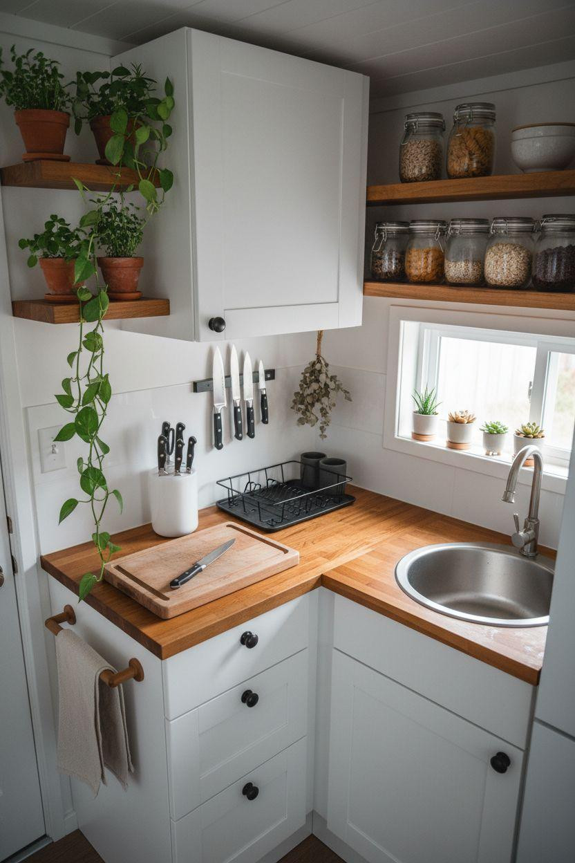 tiny kitchen ideas on a budget - white kitchen with potted herbs