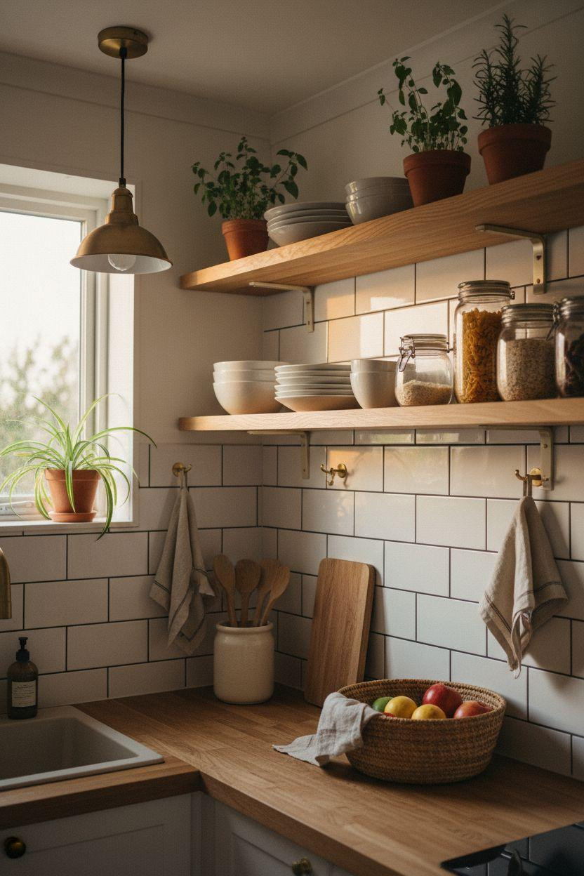 tiny kitchen ideas on a budget - galley kitchen with brass pendant