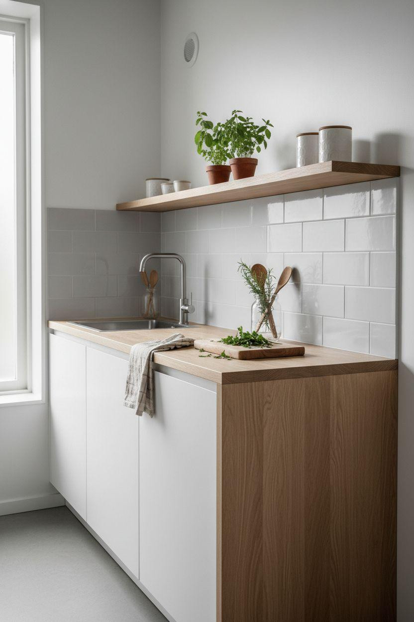 tiny kitchen ideas on a budget - minimalist oak and white kitchen