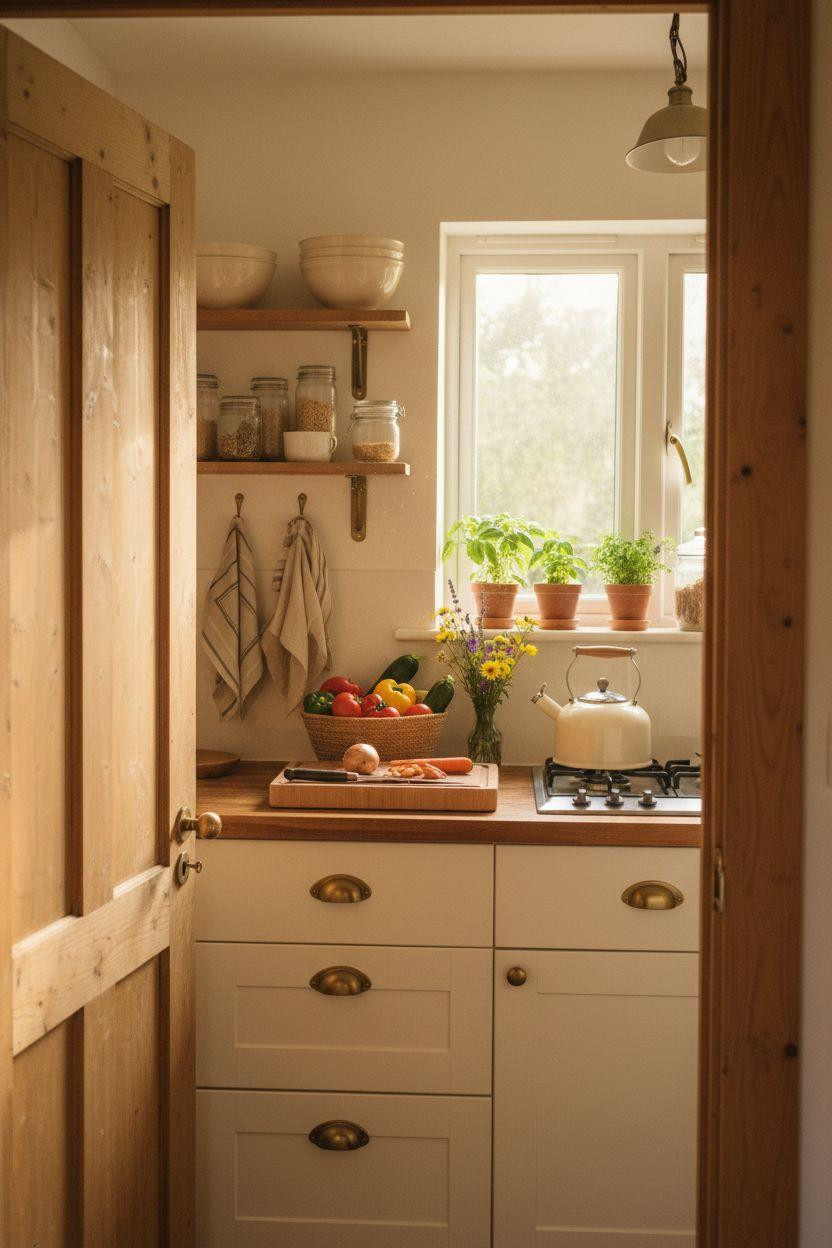 tiny kitchen ideas on a budget - vintage white kitchen through doorway