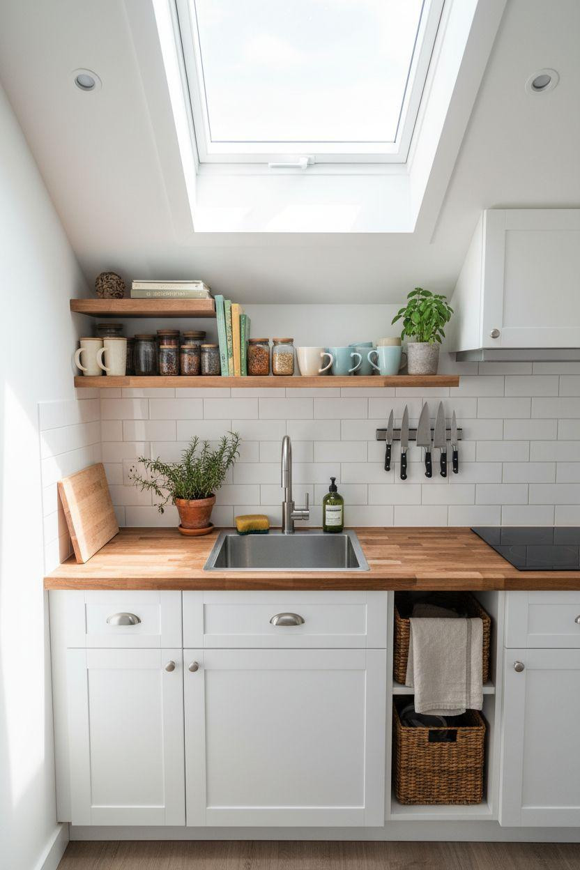 tiny kitchen ideas on a budget - overhead view of white kitchen