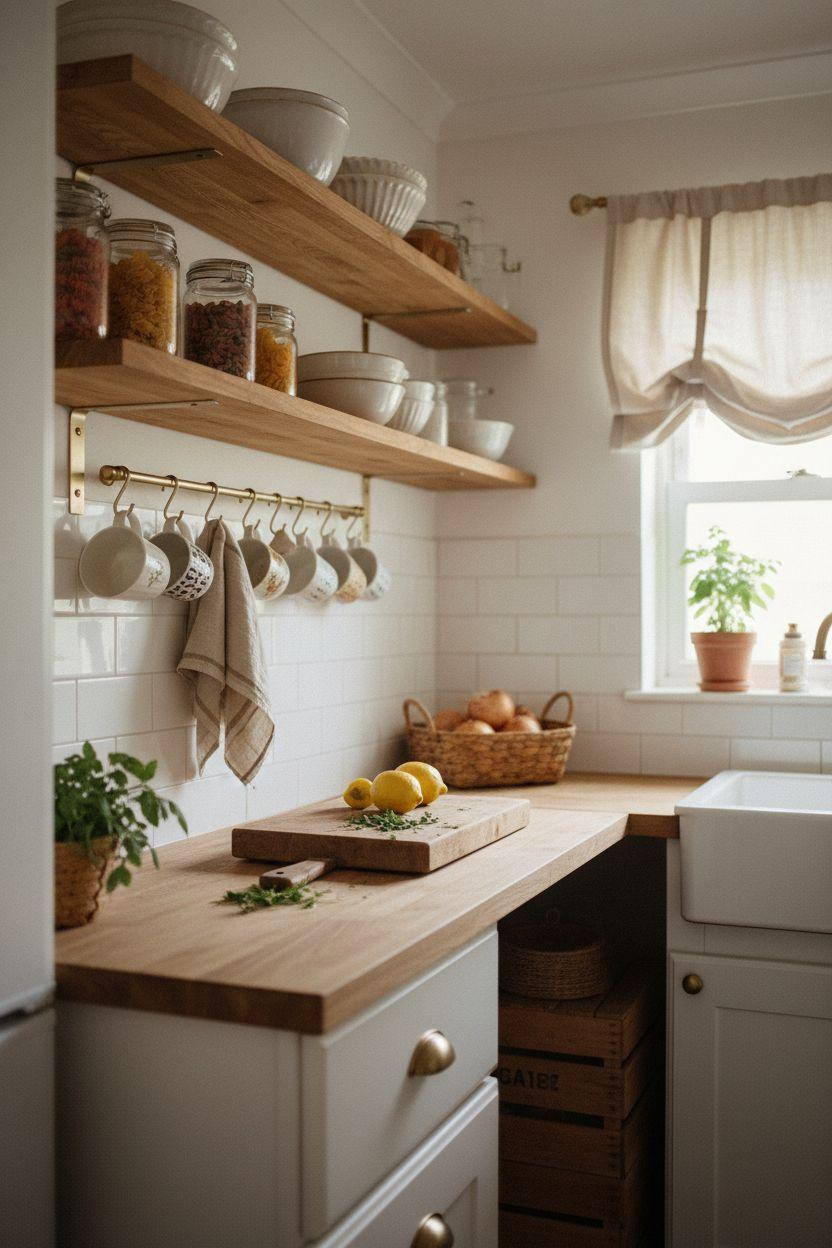 tiny kitchen ideas on a budget - galley kitchen with wooden shelves