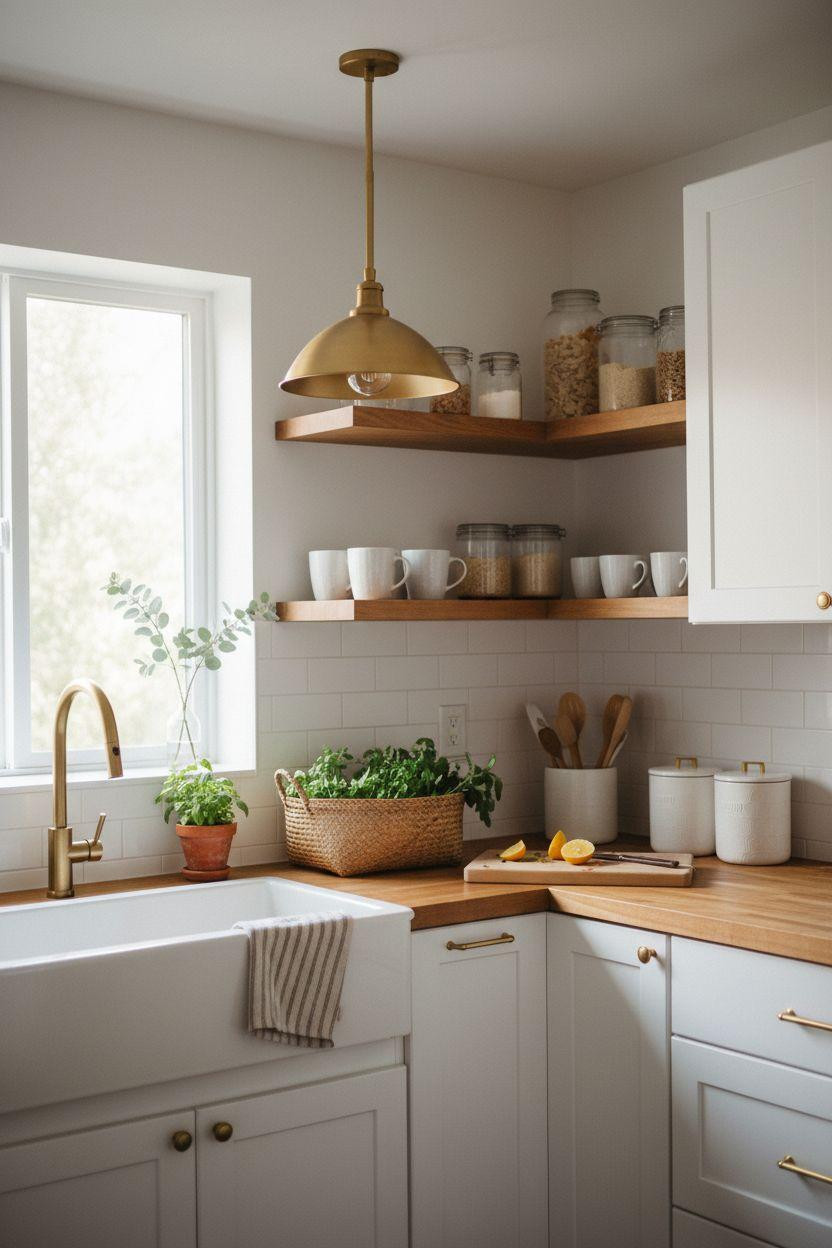 tiny kitchen ideas on a budget - white kitchen with brass pendant light