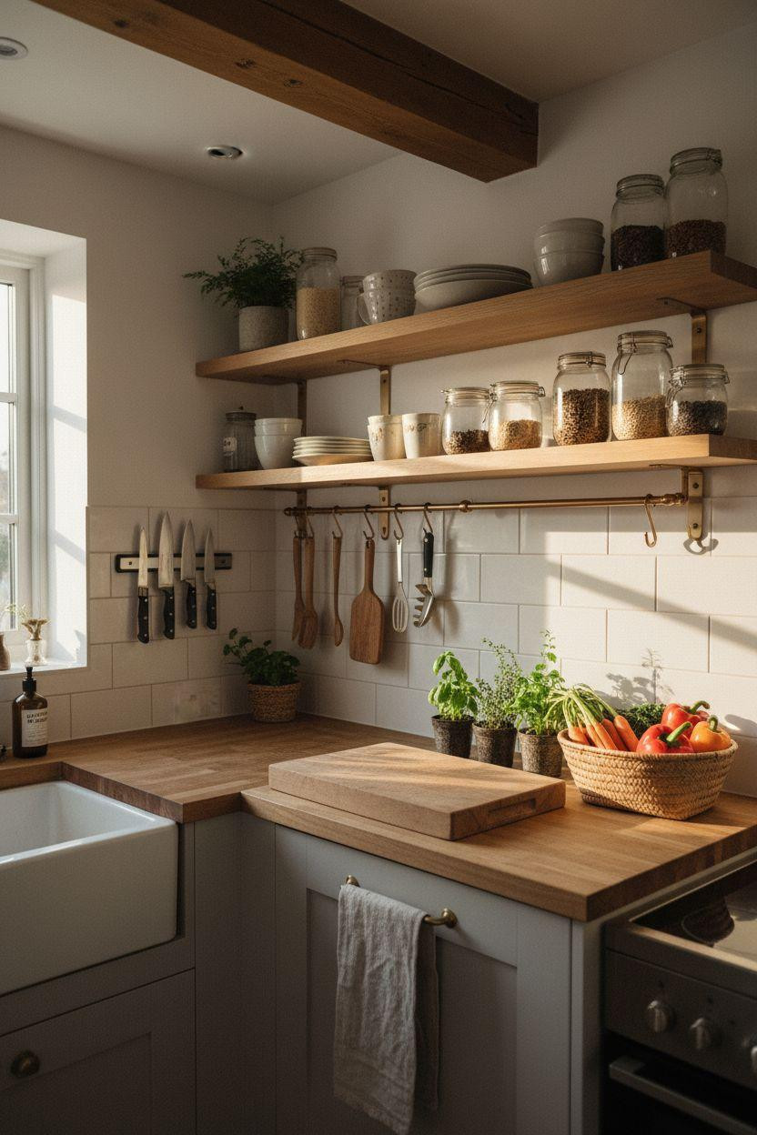 tiny kitchen ideas on a budget - oak shelving with brass details