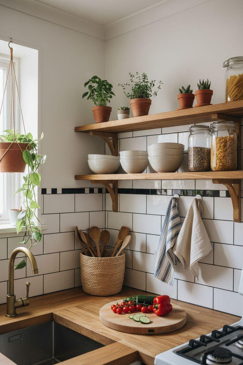 tiny kitchen ideas on a budget - white kitchen with geometric pattern