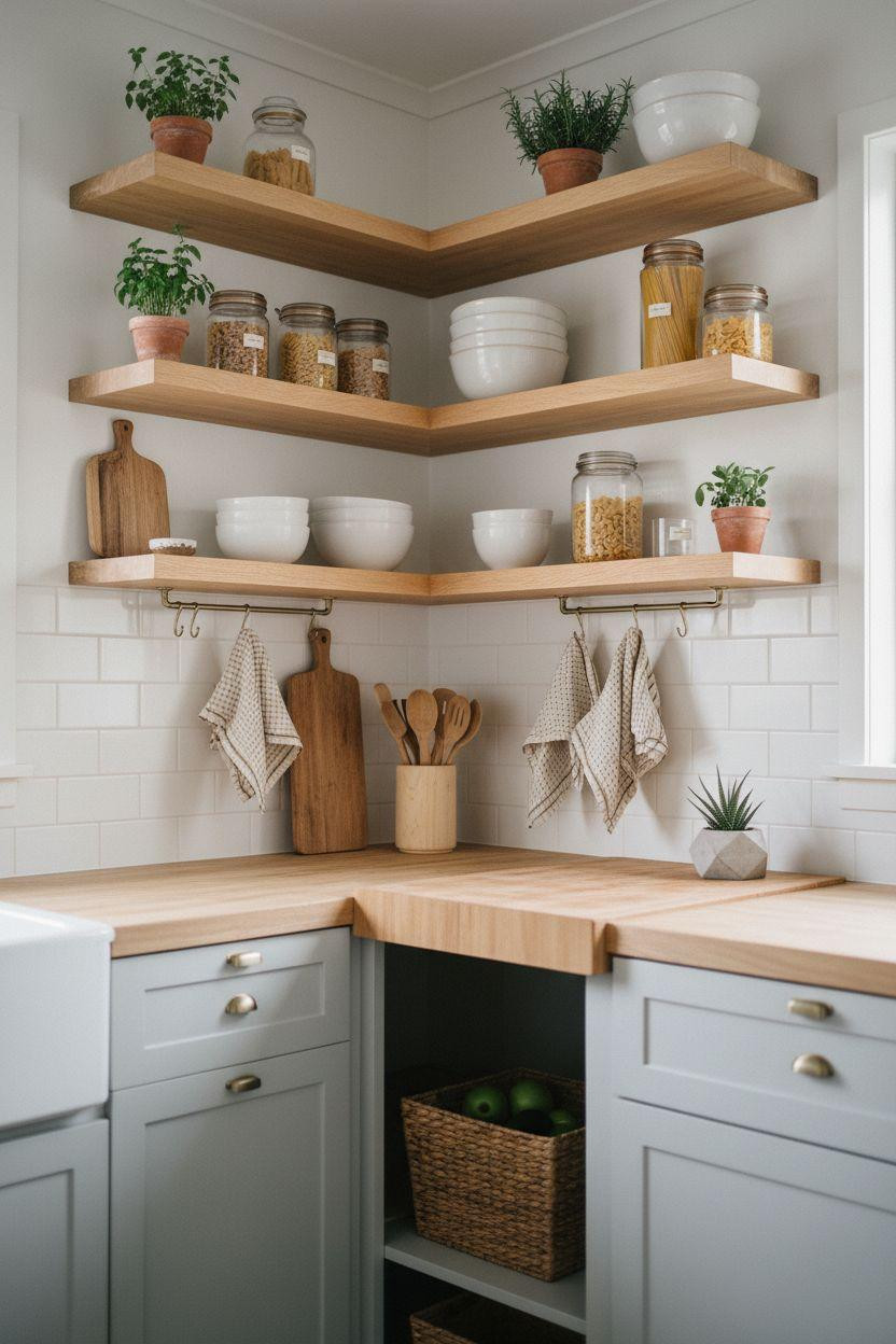 tiny kitchen ideas on a budget - neutral kitchen with oak shelving